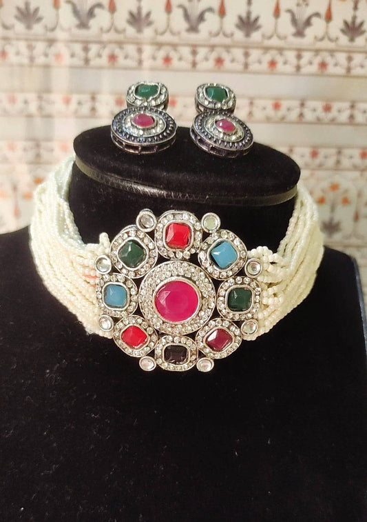 Ahaana multi-color silver choker