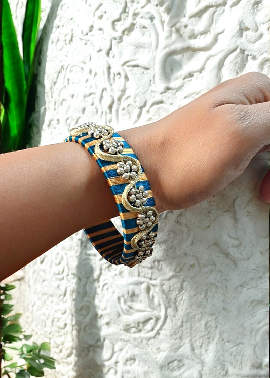Ania leheriya peacock blue and golden bangle set
