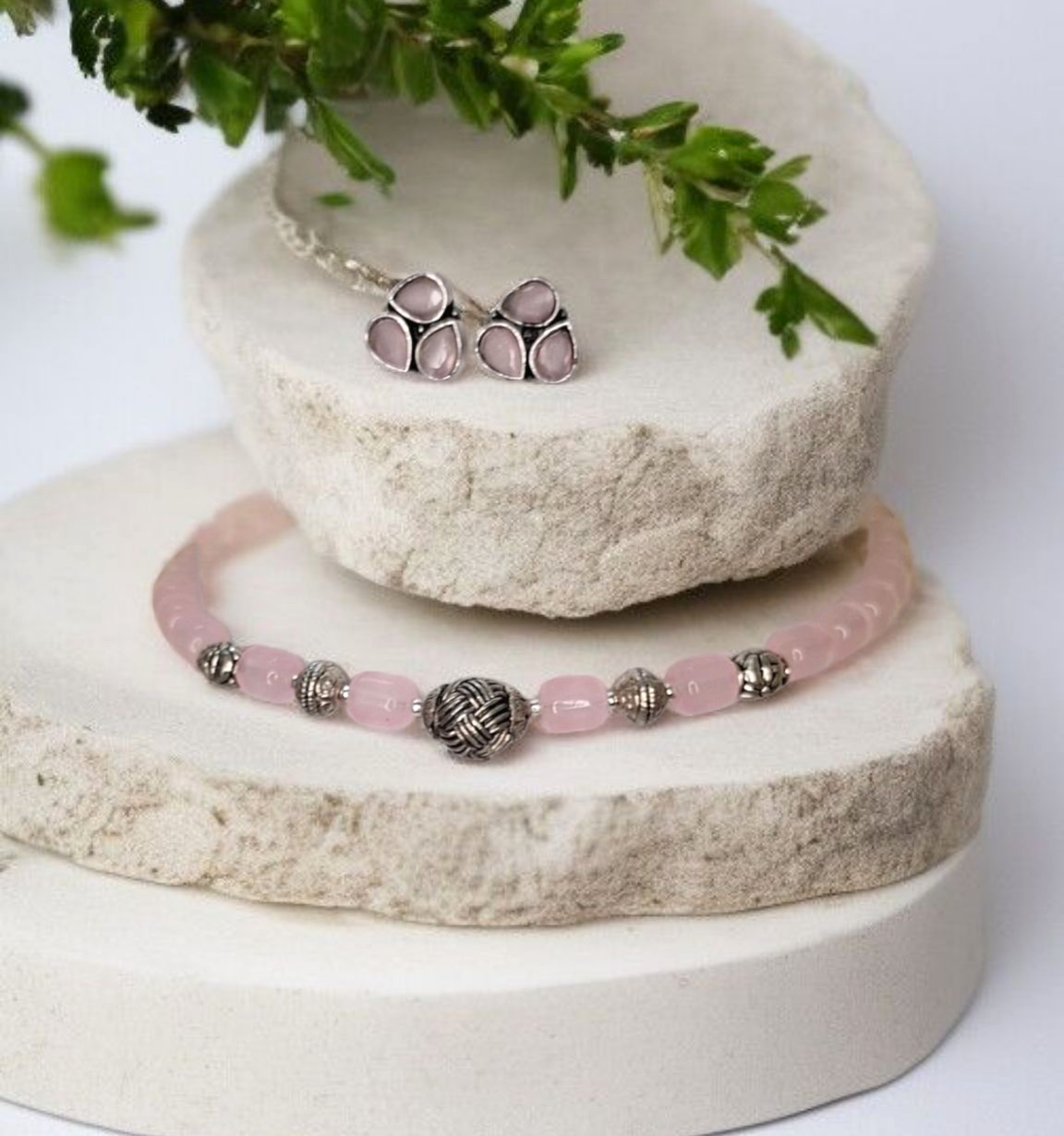 Aranka baby pink oxidised necklace set - premium silver jewelry at affordable price