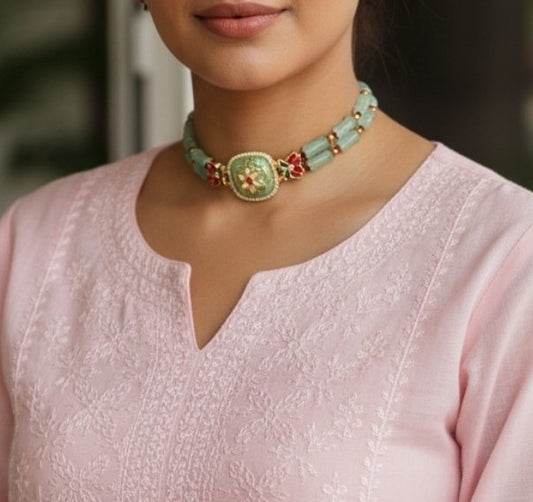 Lotus charm mint green beaded choker necklace set with earrings , handmade ethnic jewellery set from India