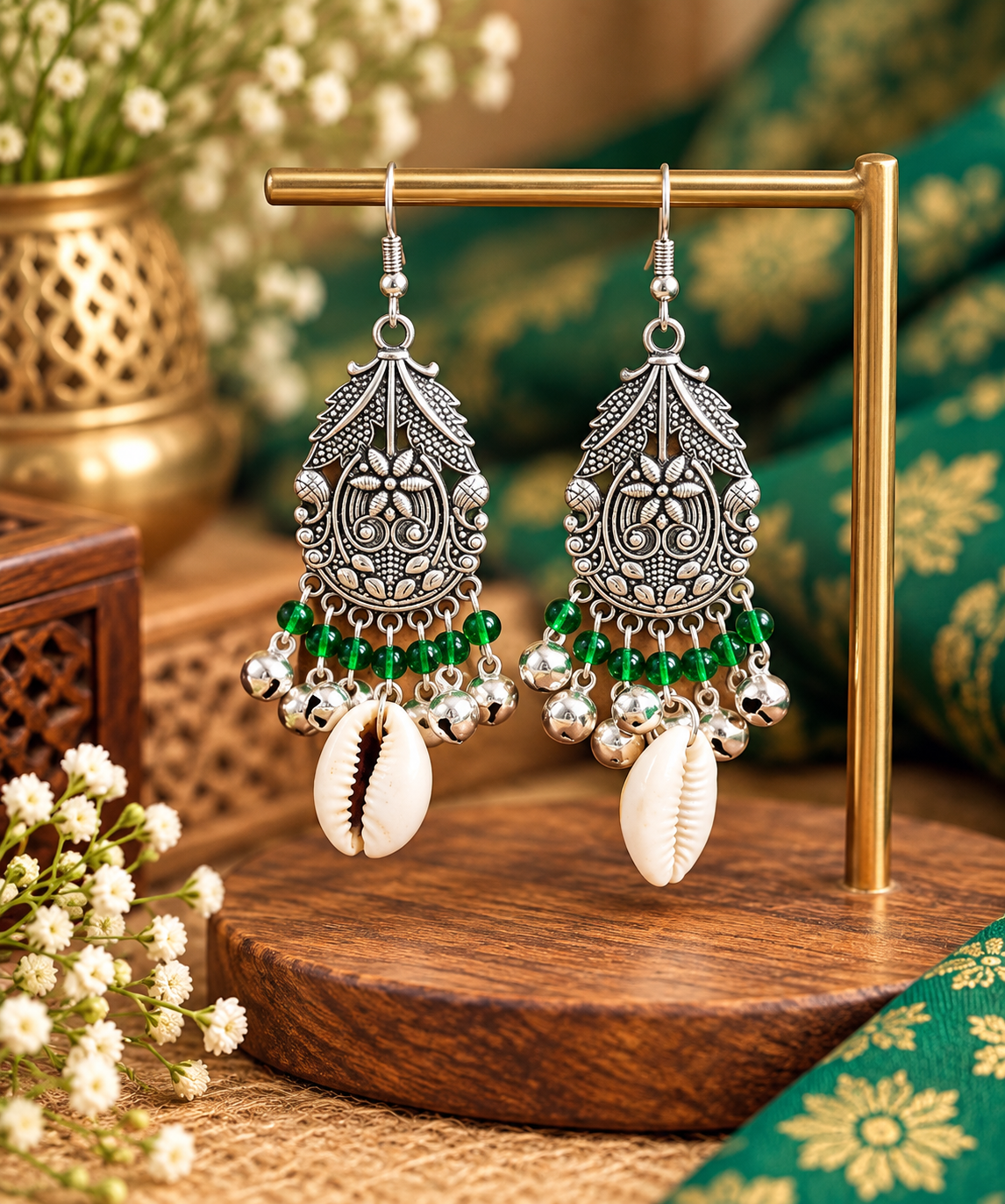 A pair of ornate silver-toned dangle earrings with green bead accents, cowrie shells, and small silver bells, displayed on a gold stand over a wooden surface with decorative flowers and fabric in the background.