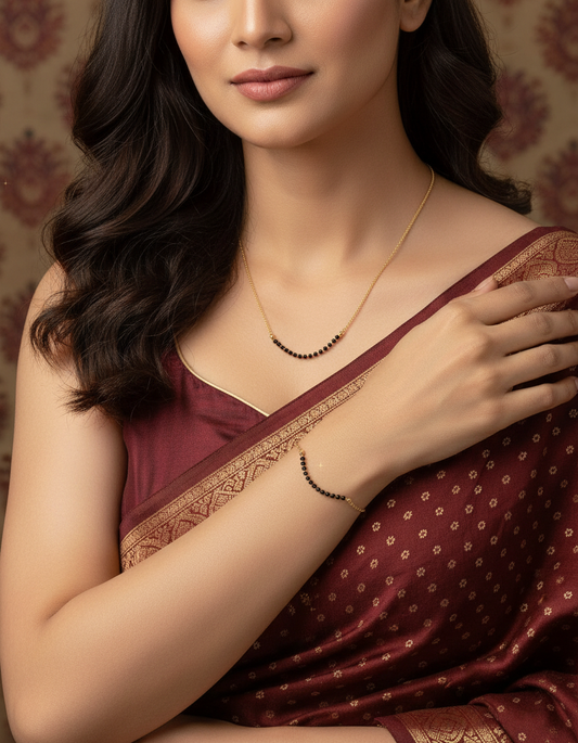 Minimal gold plated mangalsutra and bracelet combo with black beads for modern desi women