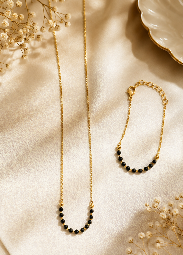 Minimal gold plated mangalsutra and bracelet combo with black beads for modern desi women