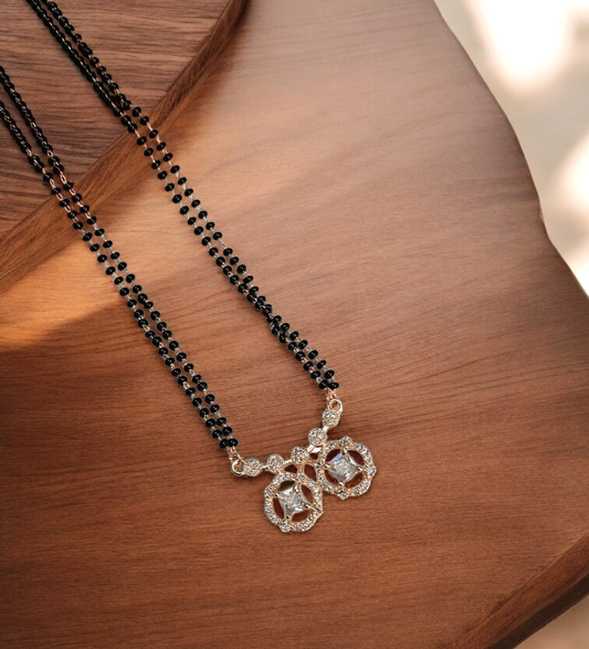 Darshi Twin Bloom – Rose Gold Short Mangalsutra with twin crystal pendant and black bead chain, minimalist daily wear design