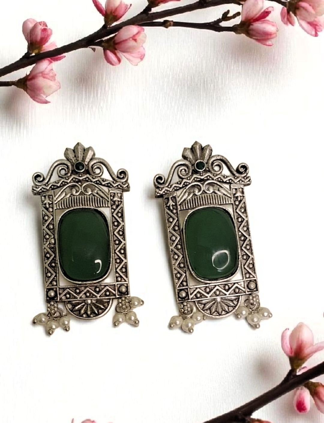Dharini green stone oxidised studs - premium affordable earrings