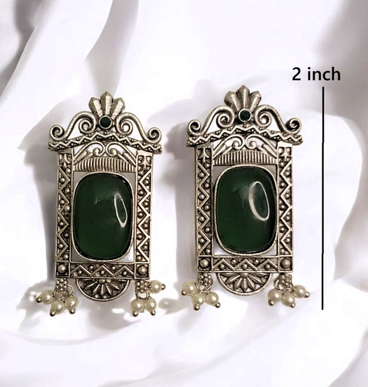 Dharini green stone oxidised studs - premium affordable earrings