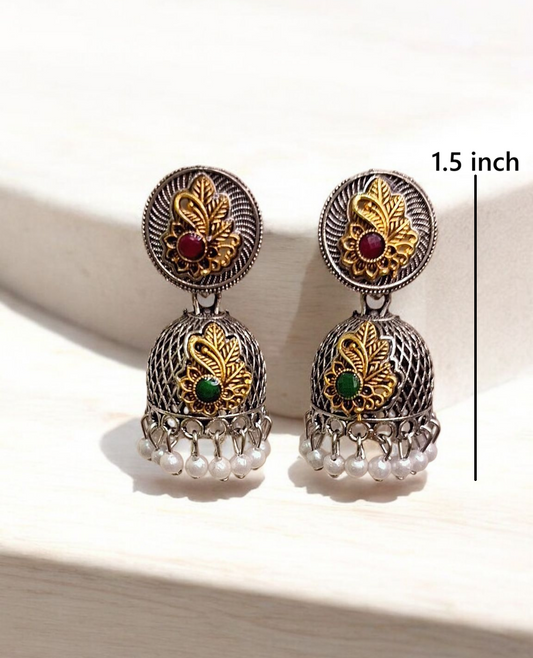 Dual Tone Oxidised Jhumka light weigh with silver and golden intricate design
