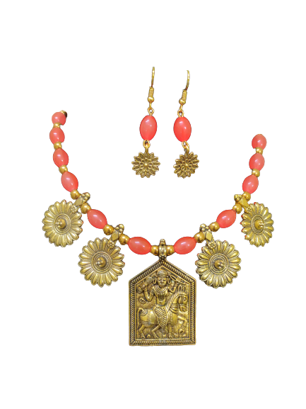 Asma orange beaded oxidised necklace set