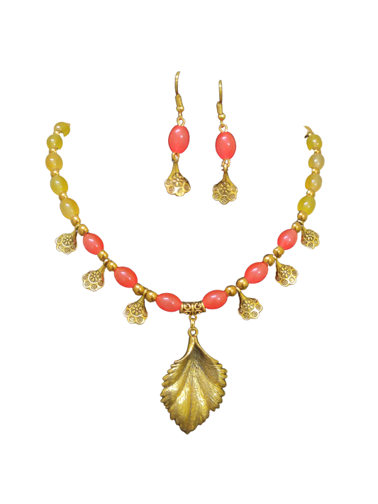 Asma Mirah  orange and yellow beaded oxidised necklace set