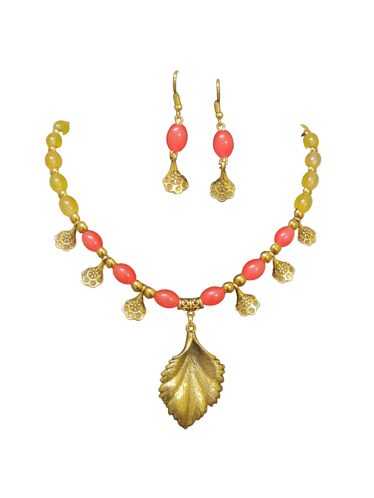 Asma Mirah orange and yellow beaded oxidised necklace set