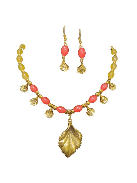 Asma Mirah orange and yellow beaded oxidised necklace set