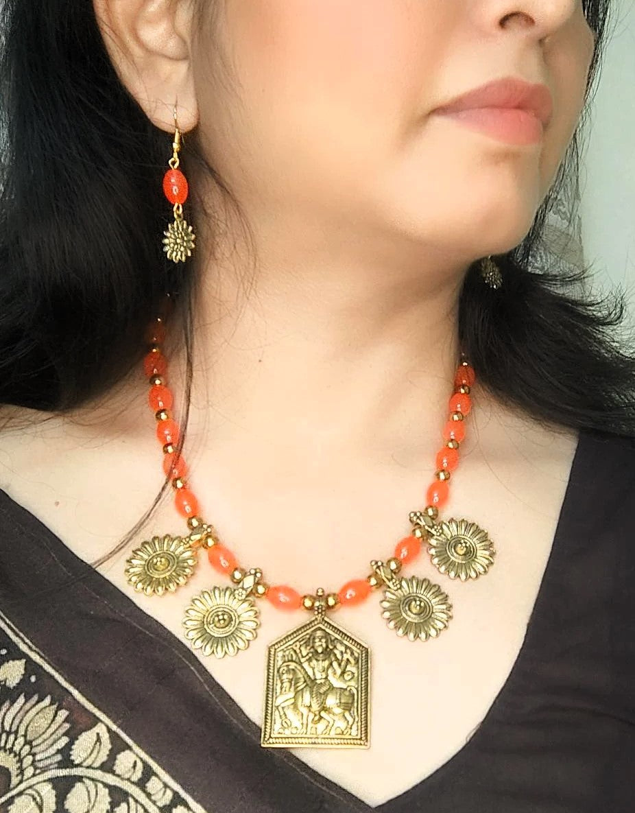 Asma orange beaded oxidised necklace set