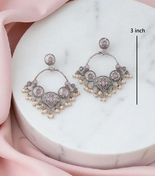 Ipshika oxidised pink stone chandbali - festive ethnic chandbali , premium designer earrings at affordable price