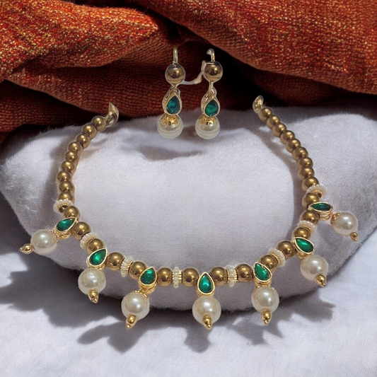 Ishwari Green Stone Pearl Drop Copper Choker Necklace Set with Earrings I Pearl drop nrcklace, handmade ethnic jewelry from India