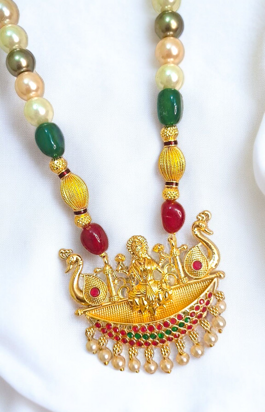 Gold plated traditional pearl Godess Laxmi pendent handmade premiun necklace set at affordable price