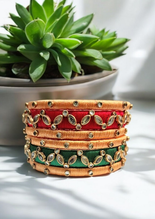 Nihar red and green silk thread bangles set