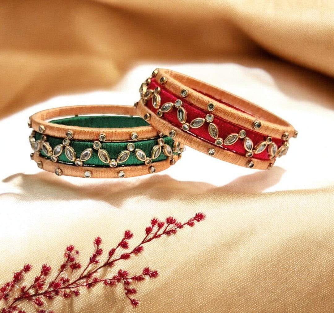 Nihar red and green silk thread bangles set