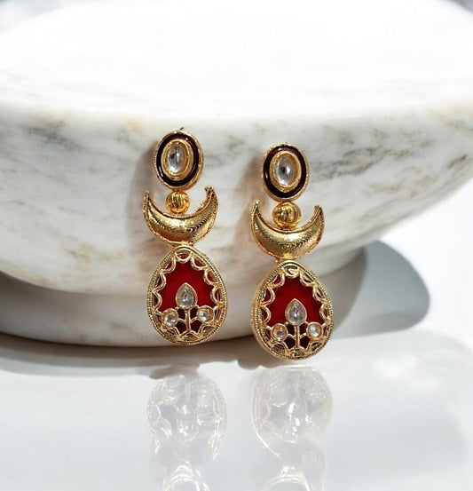 Parnasi Red Kundan-Inspired Gold-Plated Drop Earrings