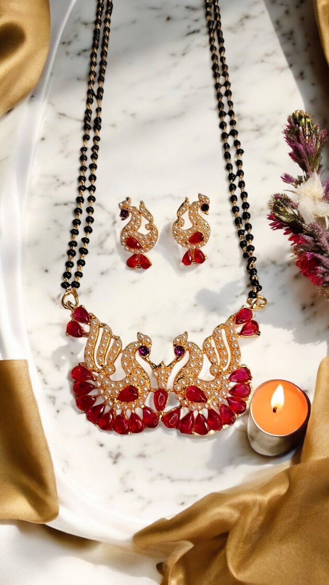 Peacock pink short mangalsutra set