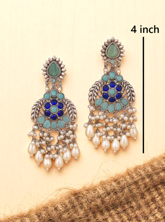 Ritara oxidised blue stone danglers - premier ethnic chandbali earrings at affordable price