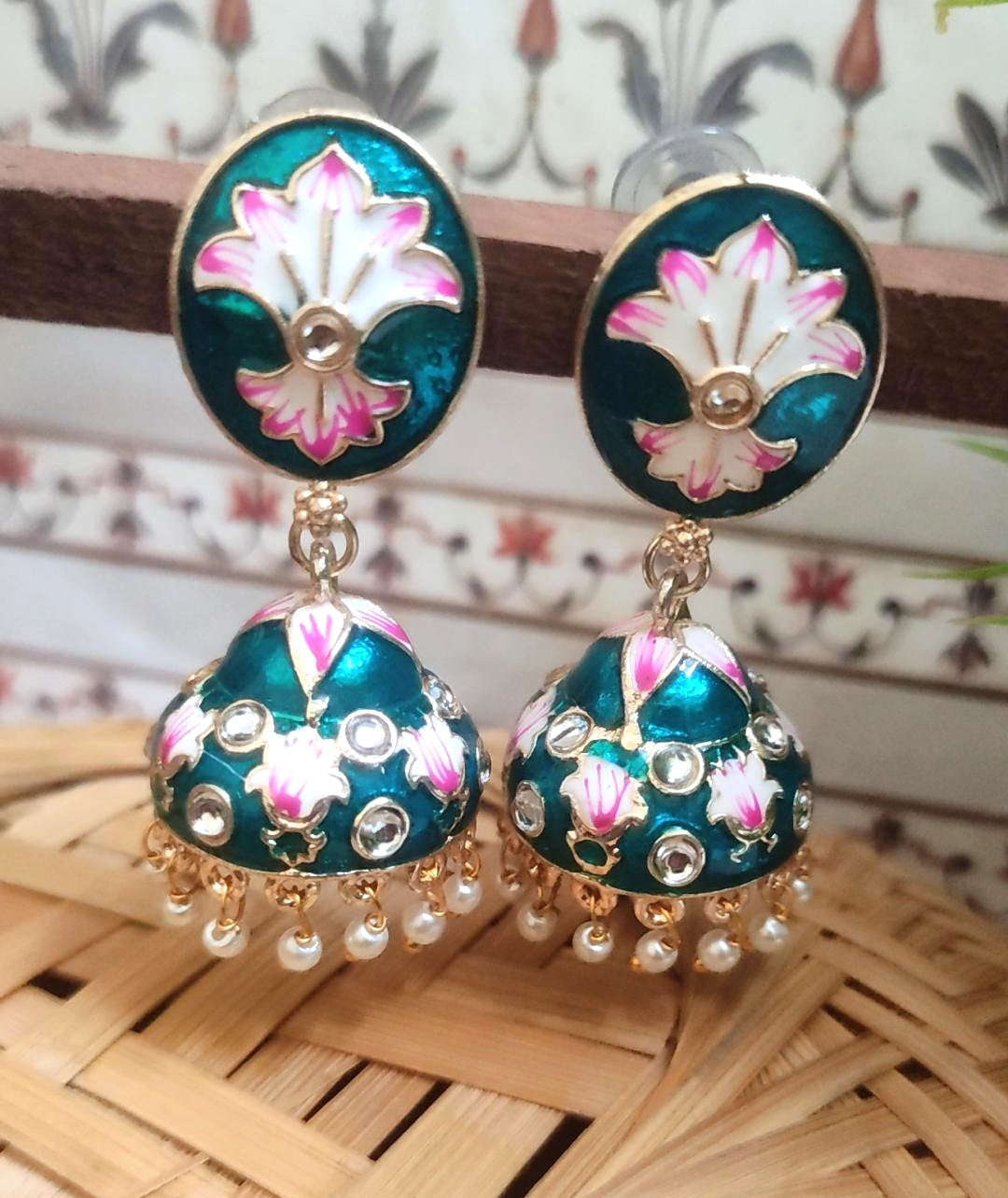 Sara Green Meenakari Jhumka Earrings