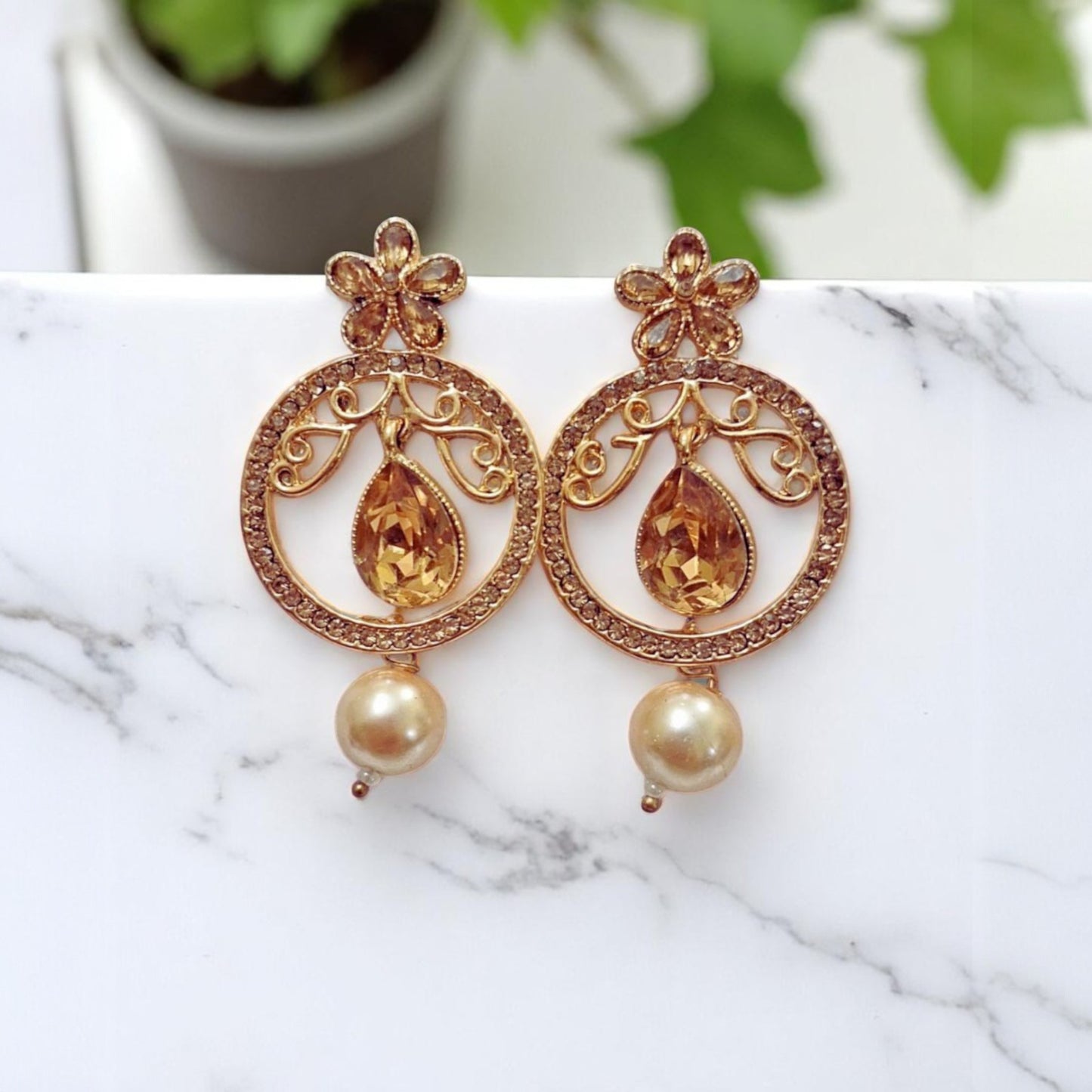 Stone Studded Golden Floral danglers