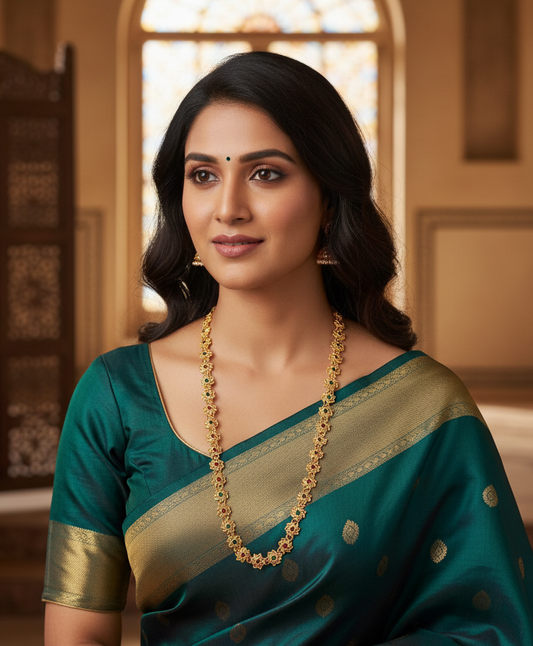 A woman in green saree wearing Sumana gold plated long necklace with ruby red and emerald green floral motifs, South Indian bridal jewellery