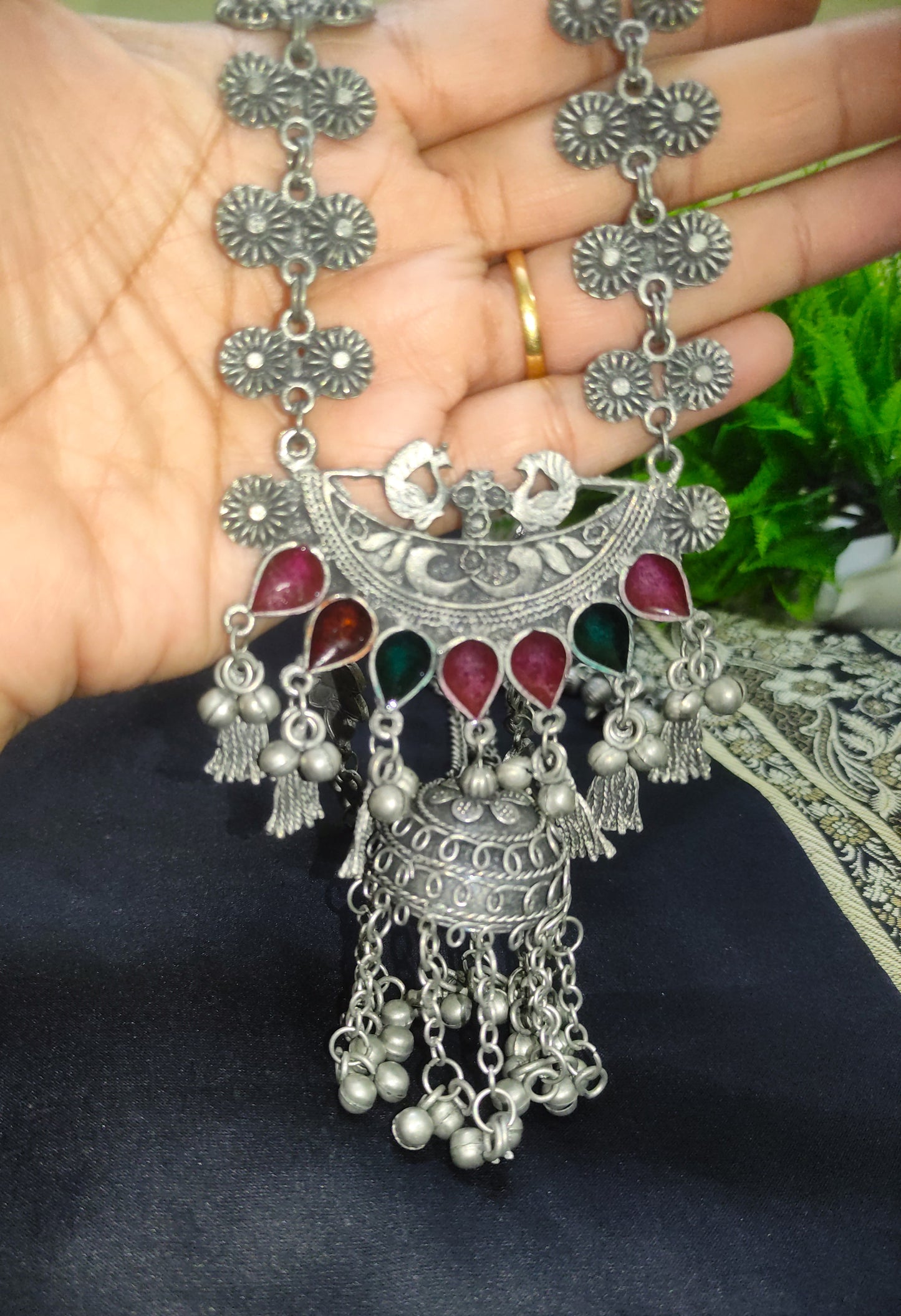 Ravaya silver double layered oxidised necklace