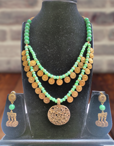Maya green beaded oxidised necklace set