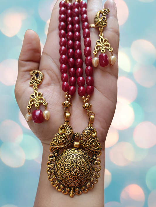 Ramya maroon beaded oxidised necklace set