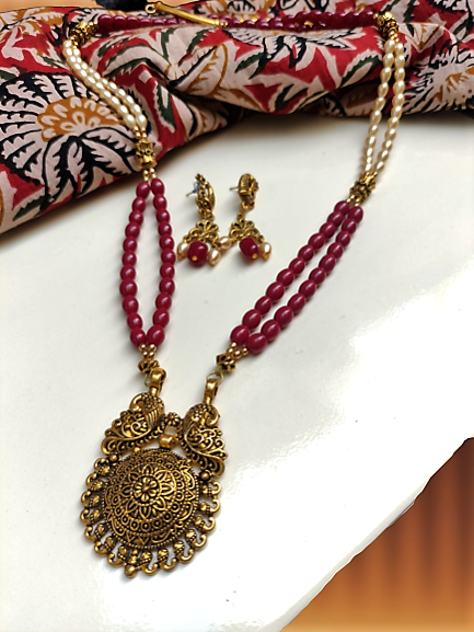 Ramya maroon beaded oxidised necklace set
