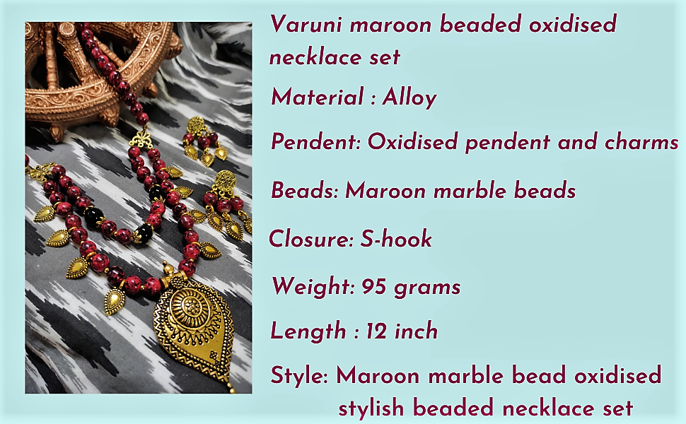 Varuna maroon beaded oxidised necklace set