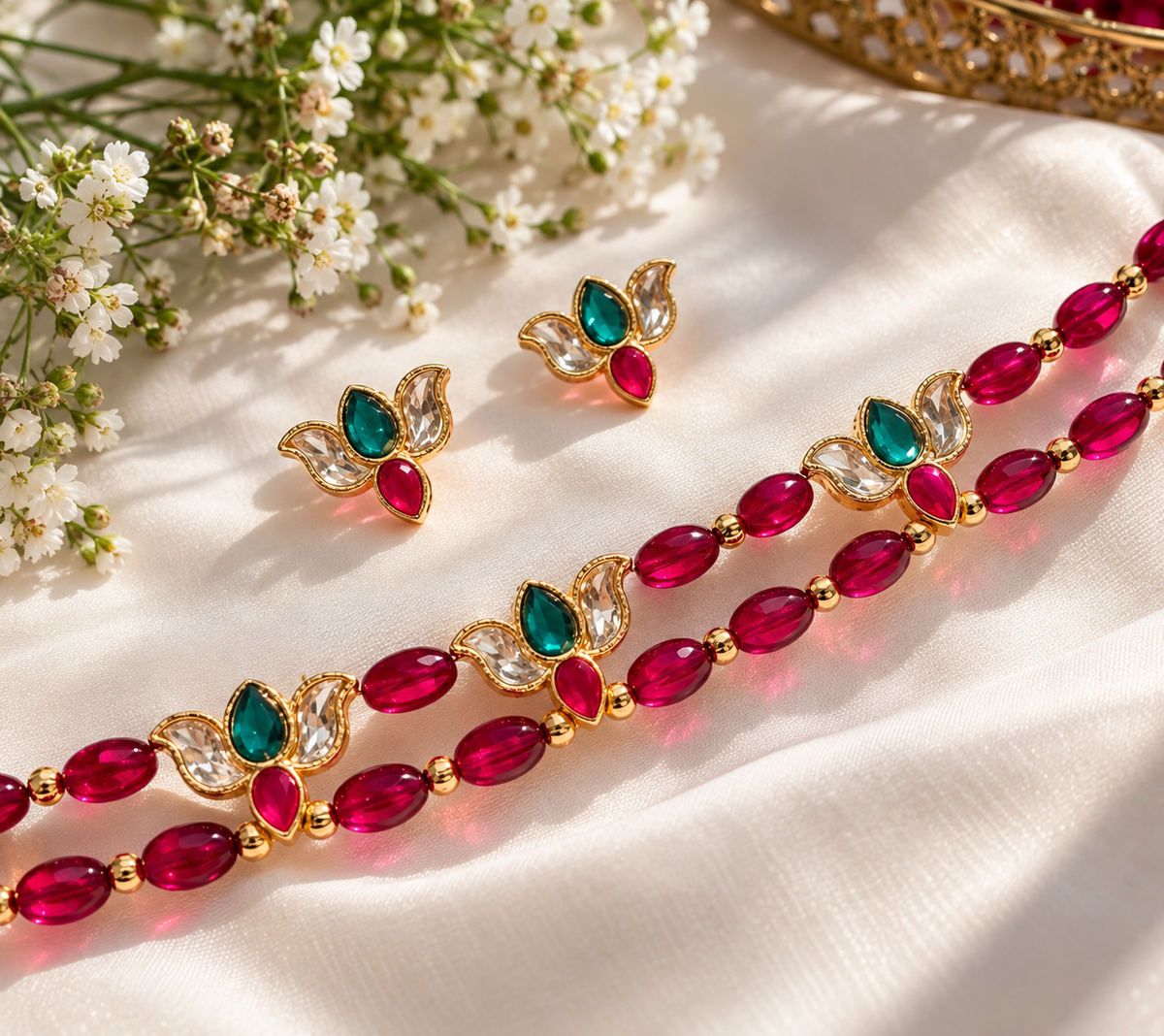Gold-tone jewelry set featuring a double-strand beaded necklace and matching earrings with emerald green and magenta pink stones, arranged on a cream satin fabric with white flowers.
