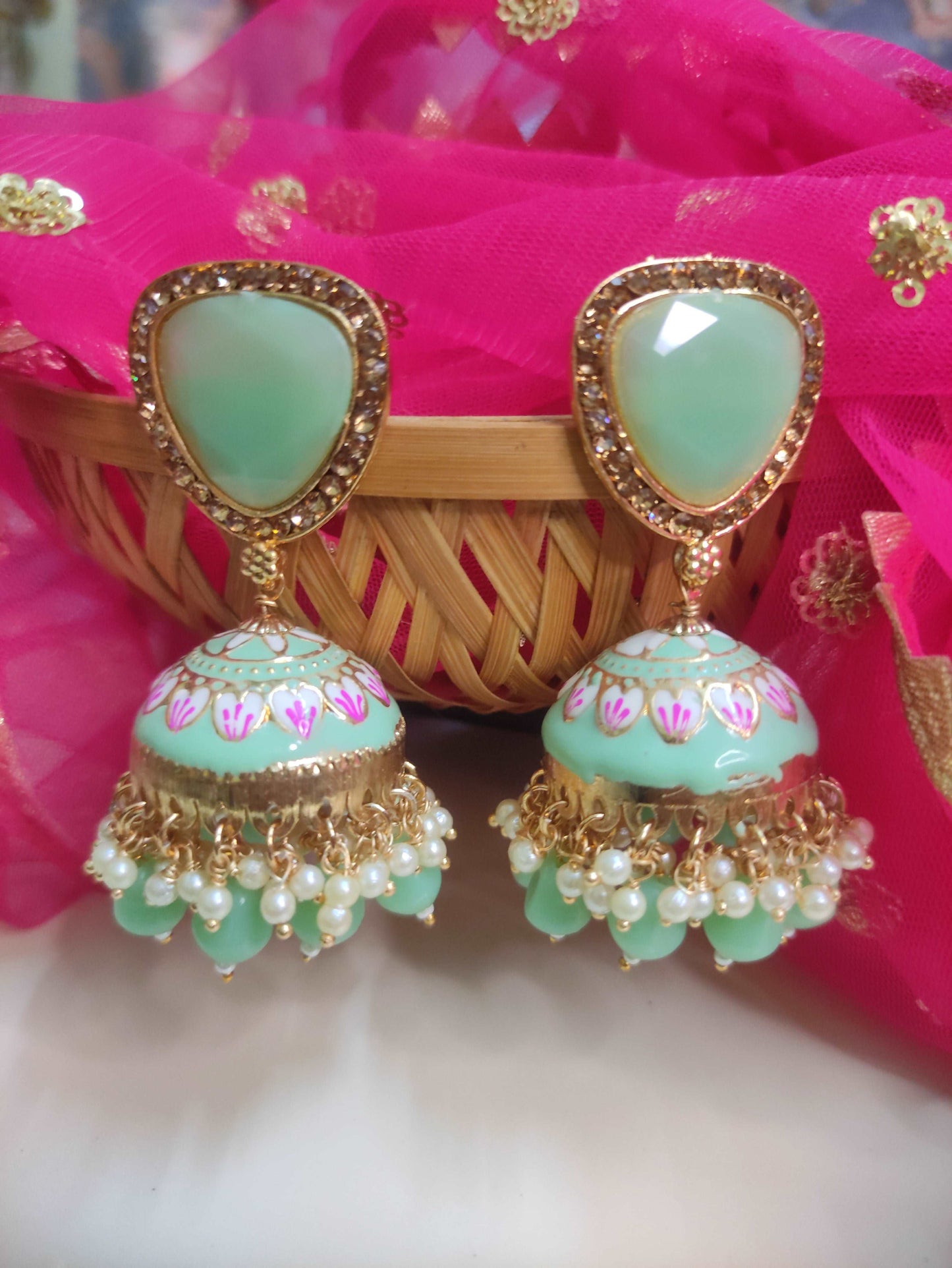 Adah pista green stone jhumka