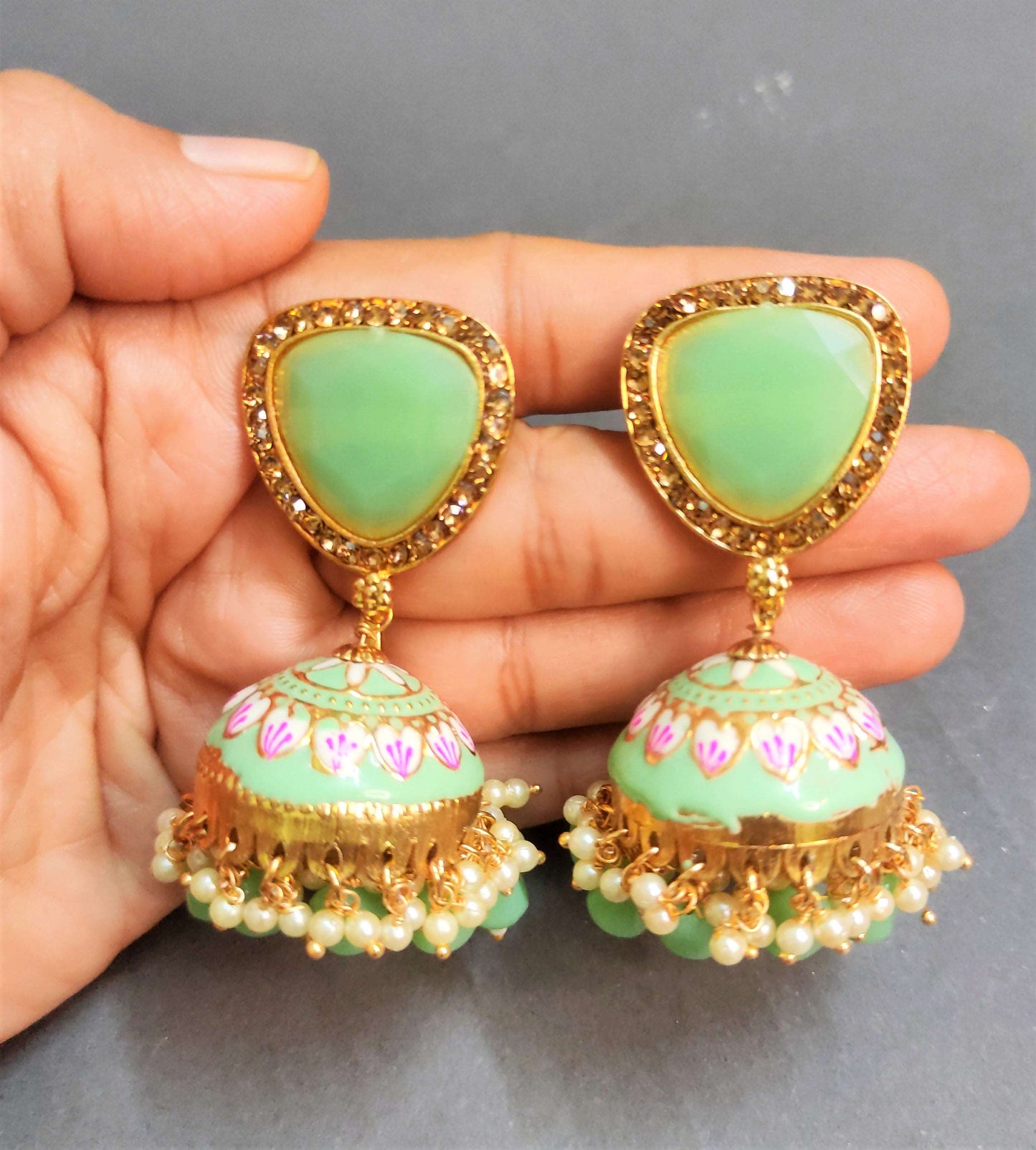 Adah pista green stone jhumka