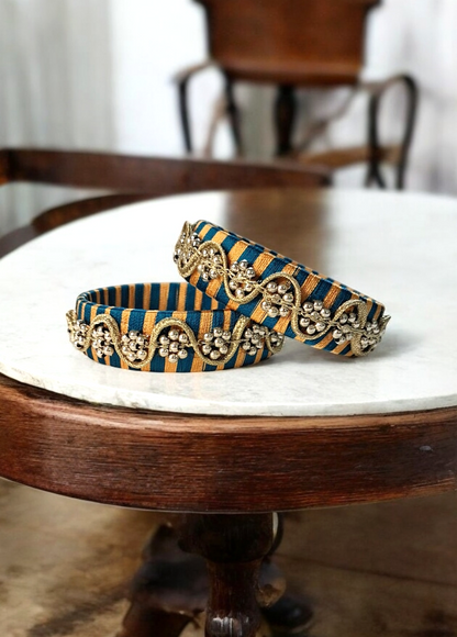 Ania leheriya peacock blue and golden bangle set