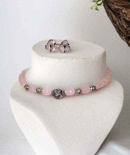 Aranka  baby pink oxidised necklace set - premium silver jewelry at affordable price