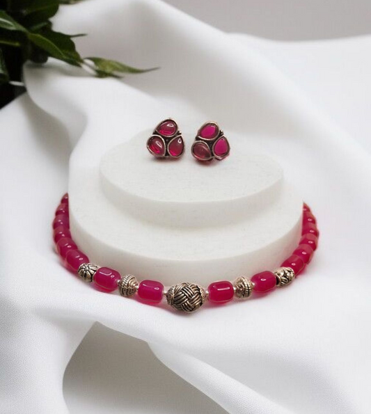 Aranka  magenta oxidised necklace set - premium silver jewelry at affordable price