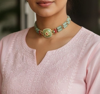 Lotus charm mint green beaded choker necklace set with earrings , handmade ethnic jewellery set from India