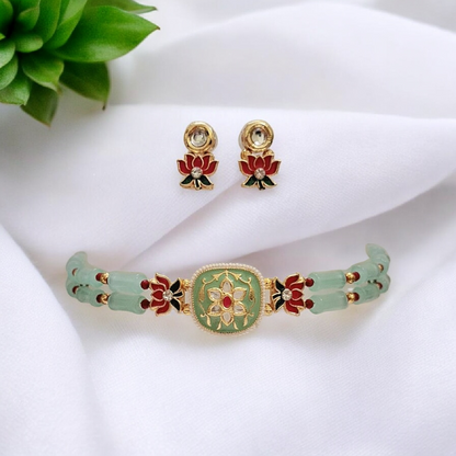 Lotus charm mint green beaded choker necklace set with earrings , handmade ethnic jewellery set from India