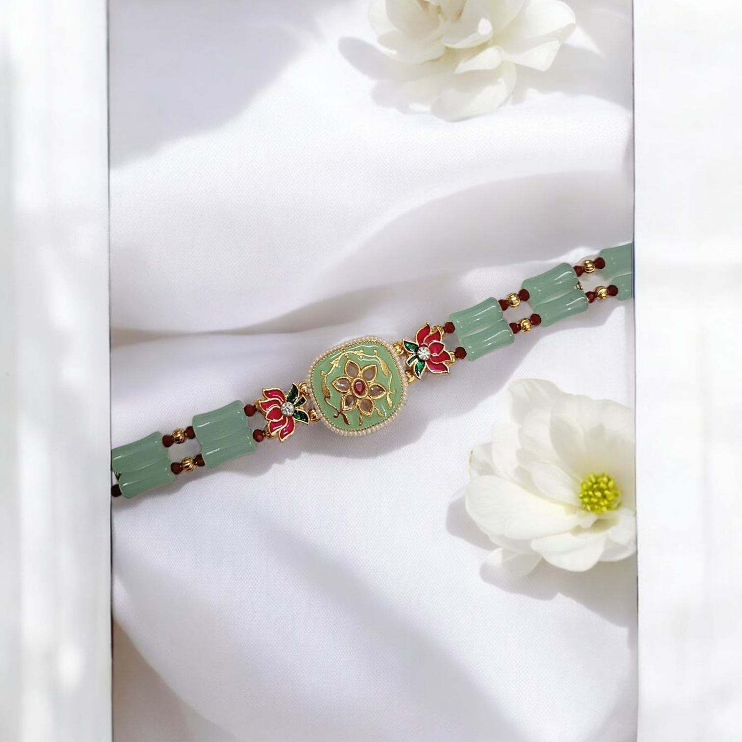 Lotus charm mint green beaded choker necklace set with earrings , handmade ethnic jewellery set from India