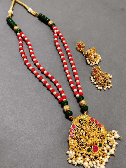 Arini gold plated red beaded necklace set