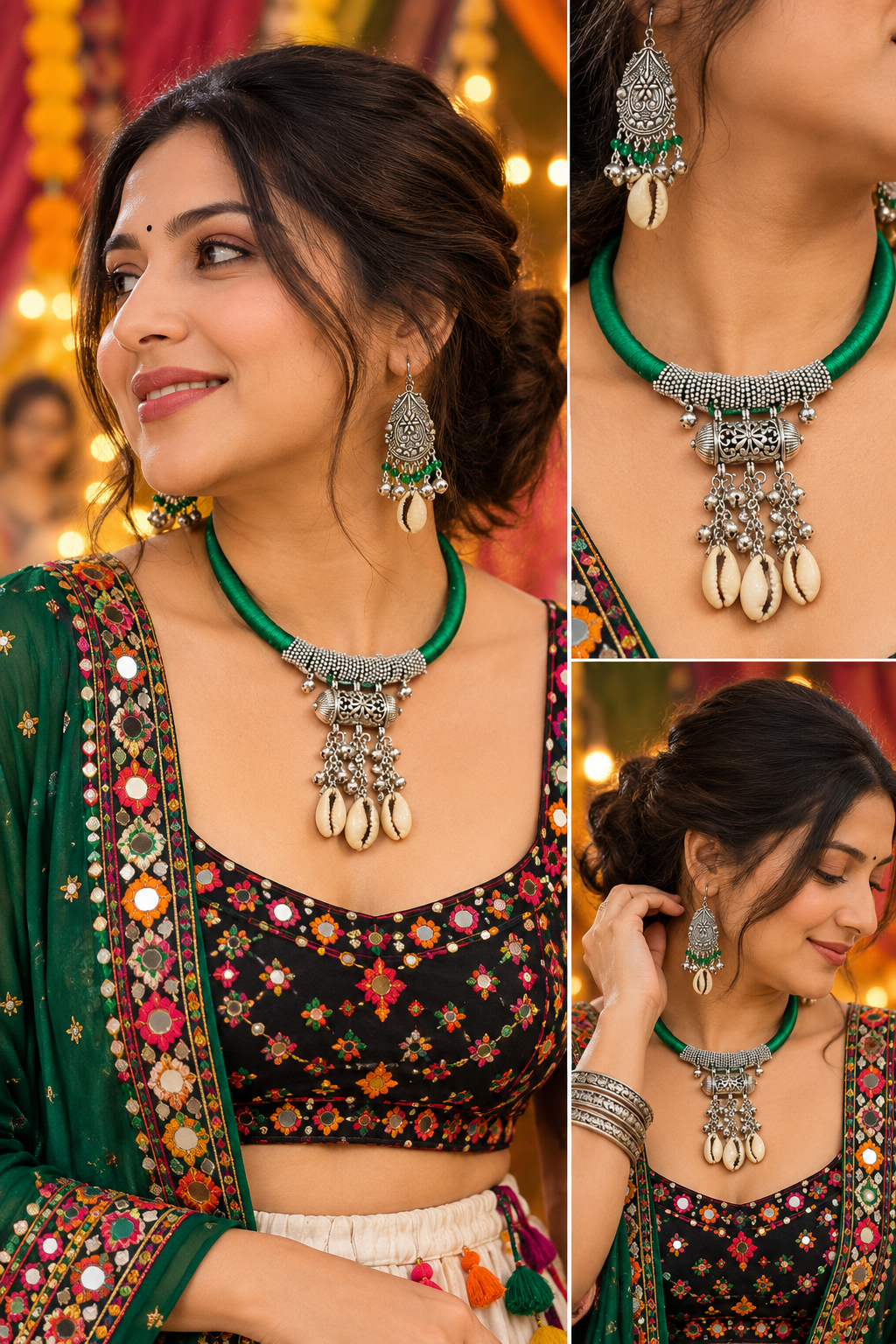 A woman wearing a green and silver traditional necklace with shell-like dangling ornaments and matching earrings, shown in a close-up portrait and inset detail views. The setting appears festive with warm blurred lights in the background.