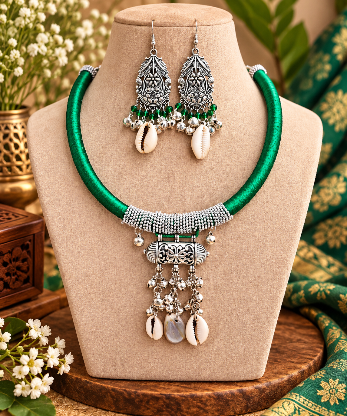 A traditional Indian jewelry set featuring a statement necklace and matching earrings displayed on a beige mannequin bust. The necklace has a vibrant green beaded collar, a silver-toned textured center, and dangling cowrie shells and silver filigree.