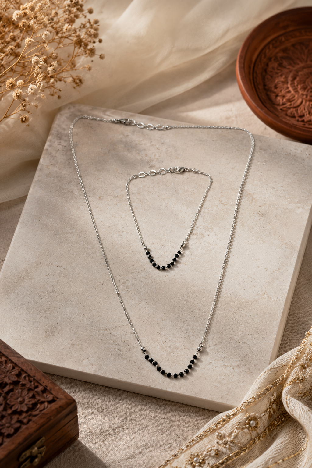 Minimal silver plated mangalsutra and bracelet combo with black beads for modern desi women