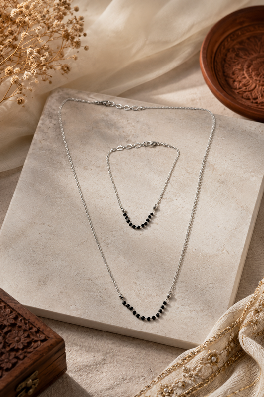 Minimal silver plated mangalsutra and bracelet combo with black beads for modern desi women