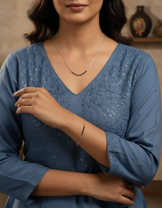 Minimal silver plated mangalsutra and bracelet combo with black beads for modern desi women
