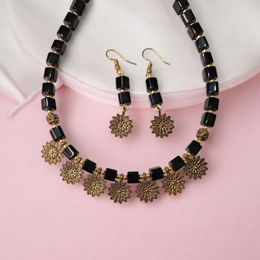 Black Beaded Oxidised Choker Necklace Set