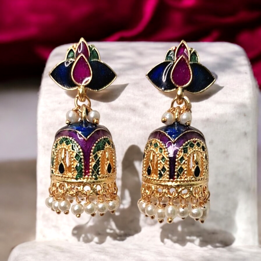 Blue and Gold plated meenakari Jhumka