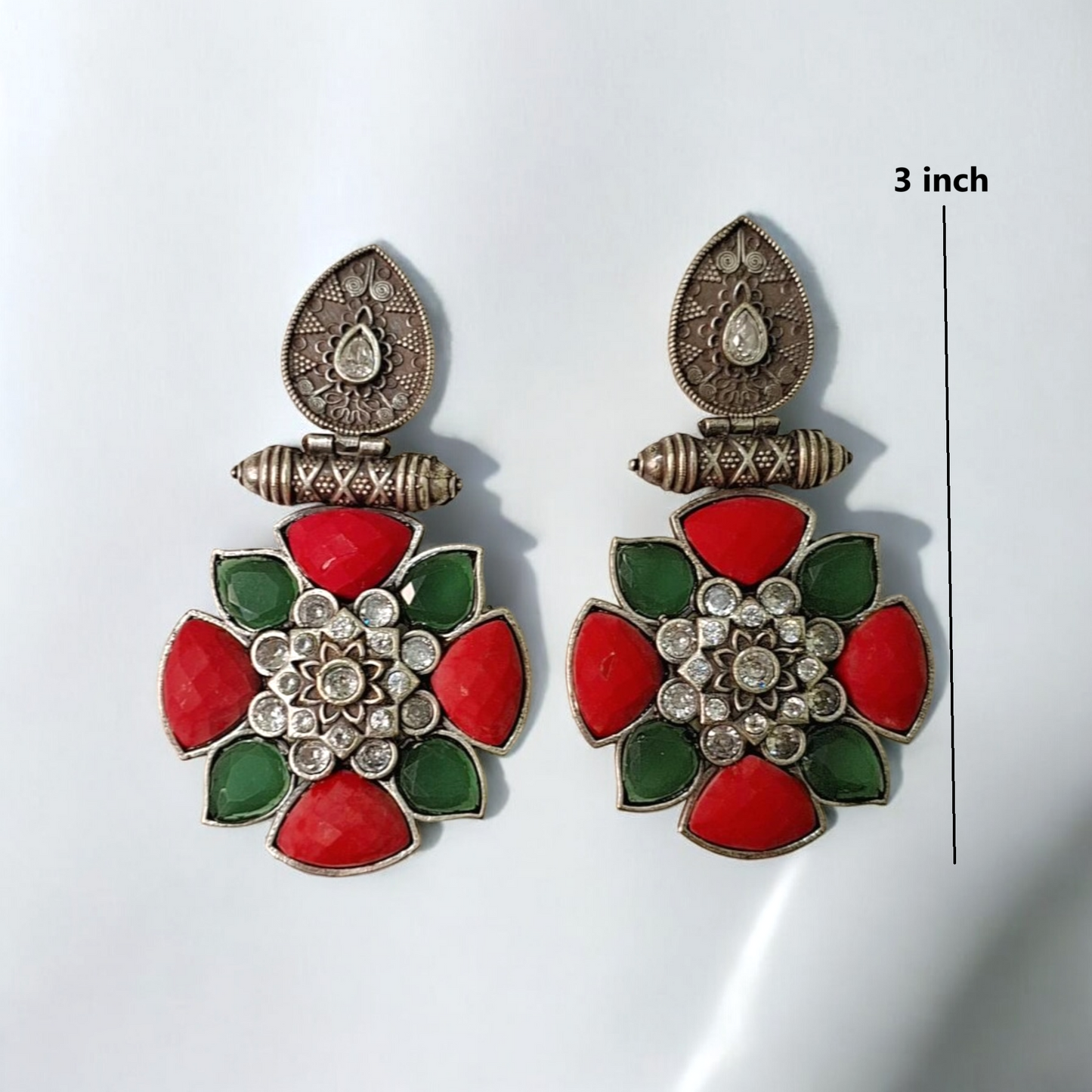 Chandrika pushpa maroon and green oxidised earrings